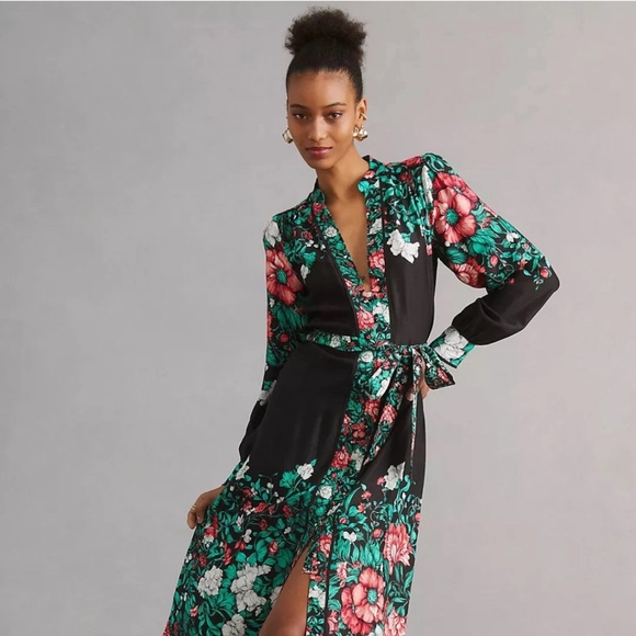 Anthropologie Dresses & Skirts - By Anthropologie Midi Shirt Dress size M Black Green Handkerchief Work Career